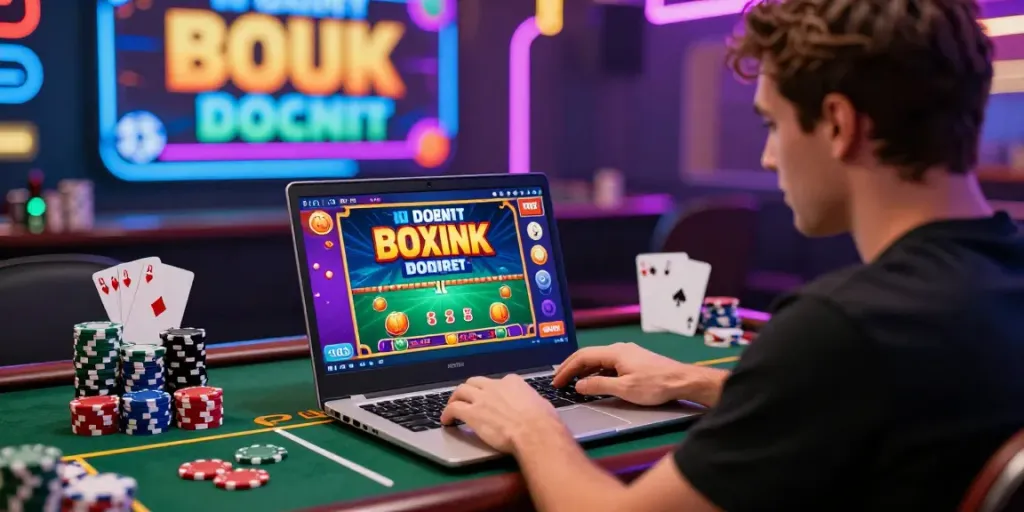 Scène d'un joueur profitant d'un bonus sans dépôt dans un casino en ligne, entouré de jetons et de lumières colorées.