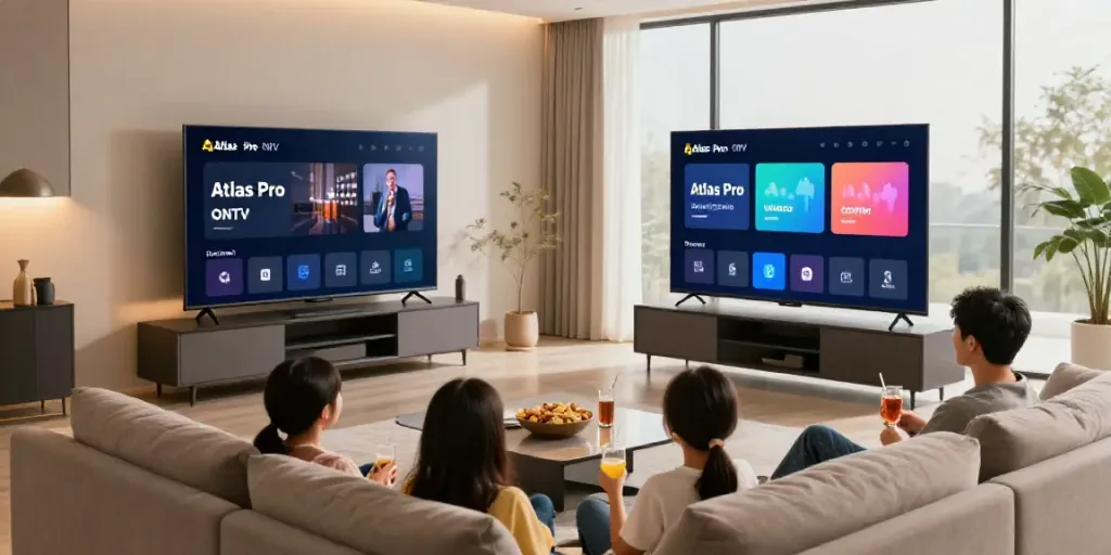 Famille profitant de la télévision avec Atlas Pro ONTV dans un salon moderne.