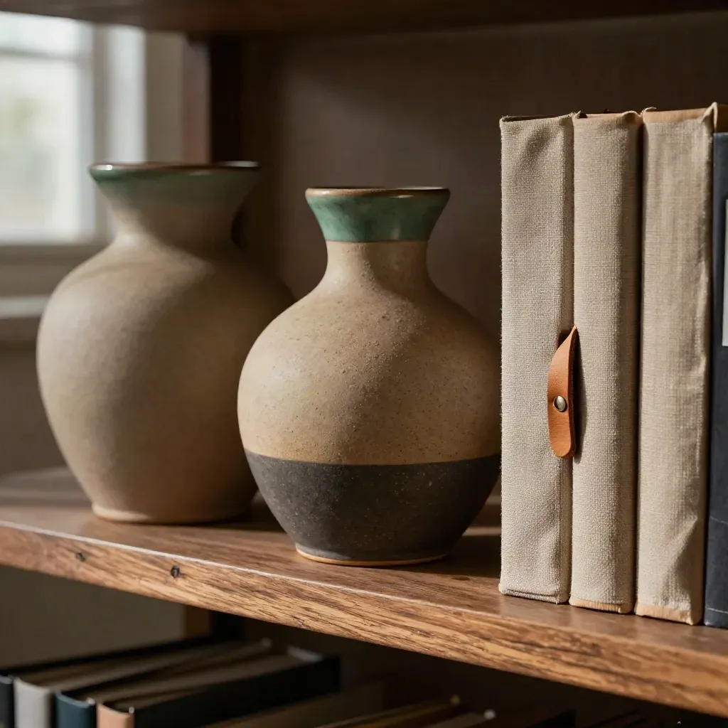 Étagère d’allocation d’actifs avec vases en céramique, classeurs et ruban de cuir.