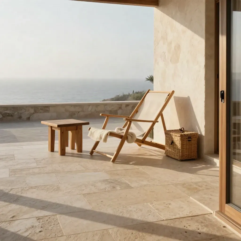 Terrasse en pierre claire avec fauteuil vide, plaid plié et boîte fermée dans une brume marine.