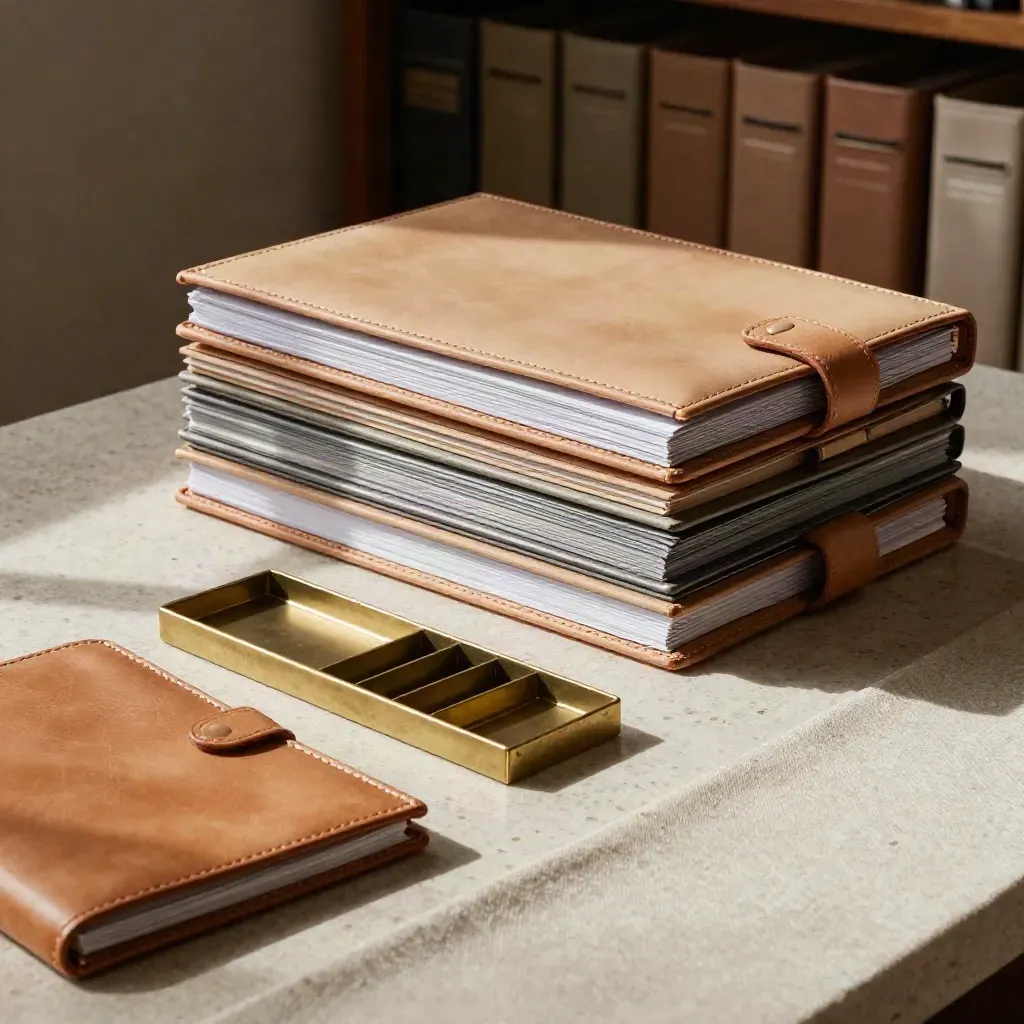Boîtes et étuis de cuir rangés sur travertin, lumière rasante, ambiance finance zen.
