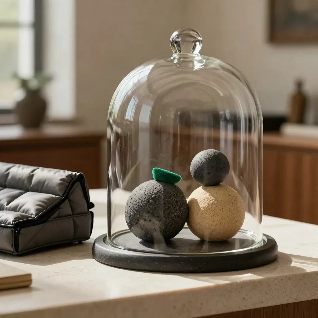 Cloche en verre sur pierre sombre, étui rembourré et masses équilibrées, lumière chaude.