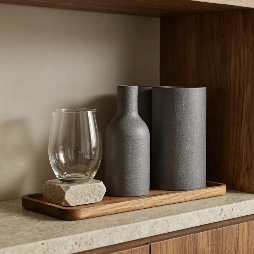 Trois coffrets sobres, une carafe en verre et un bloc de pierre sur une étagère, ambiance tendue.