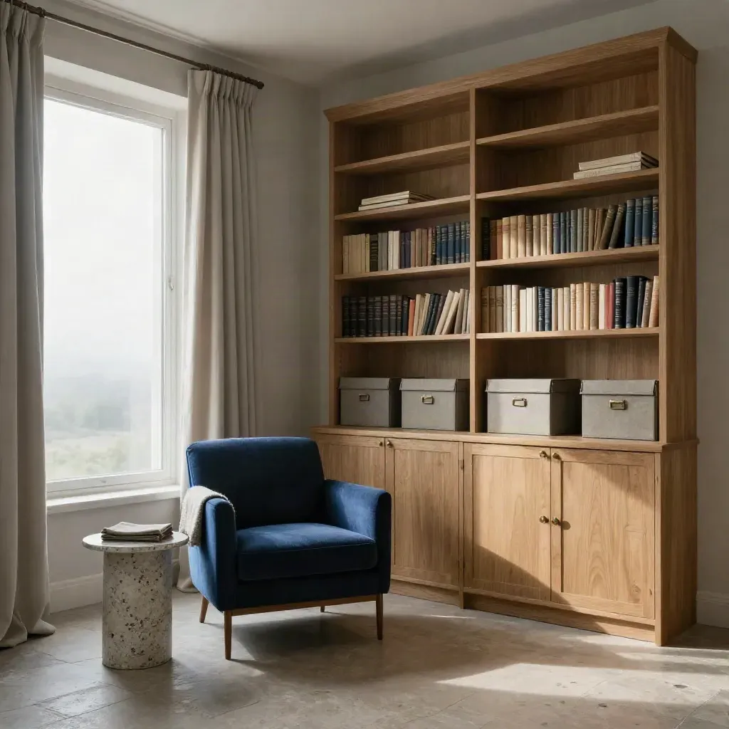 Salon de retraite calme avec fauteuil vide, bibliothèque claire et horizon brumeux.