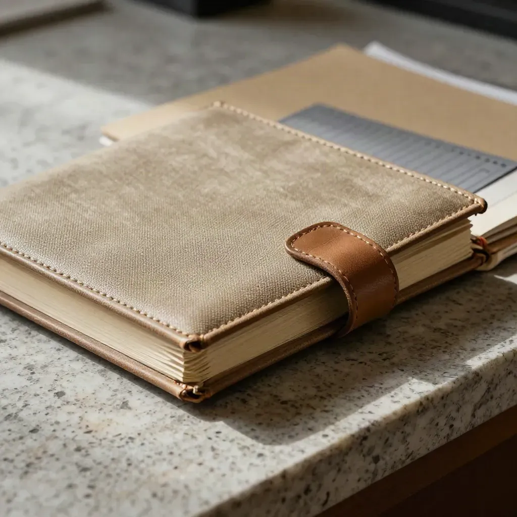 Gros plan d’un carnet de trésorerie fermé avec bande de cuir grainé et tranche ivoire.