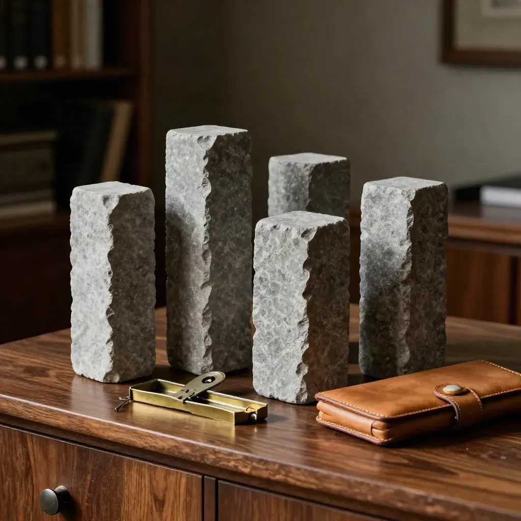 Blocs de pierre, diviseur en laiton et étui en cuir sur bois sombre, lumière dramatique.
