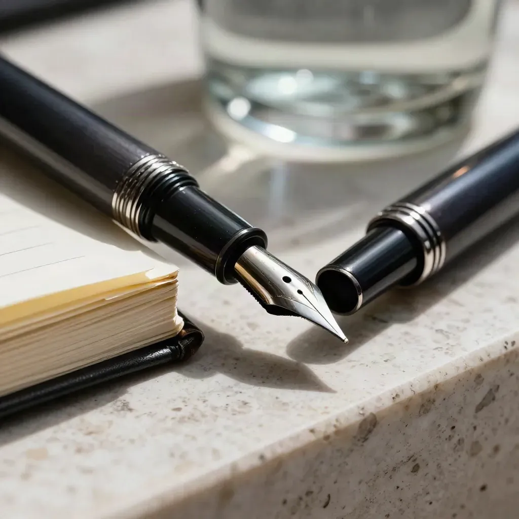 Stylo-plume, carnet cuir fermé et papier vergé sur travertin, lumière douce et poussière lumineuse.
