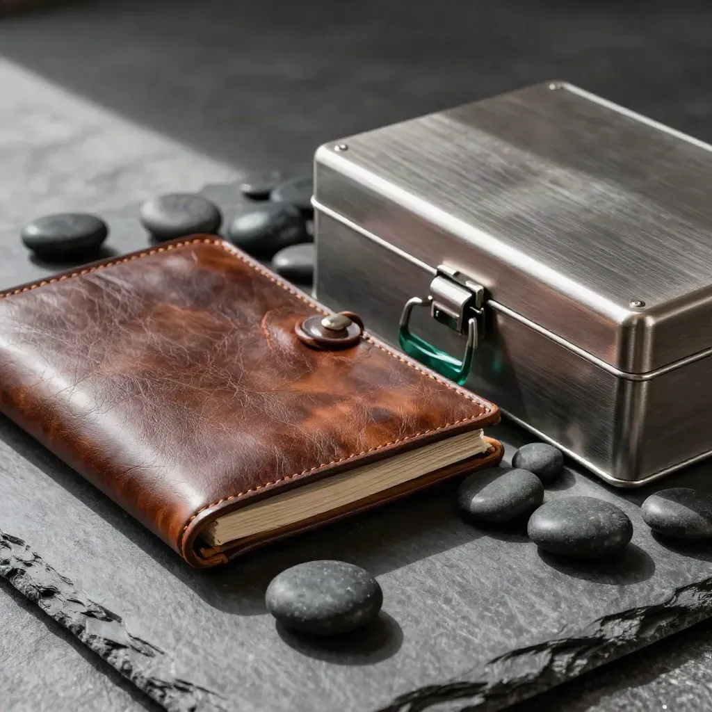 Nature morte de conseil financier avec cuir patiné, métal brossé, galets noirs et ardoise.