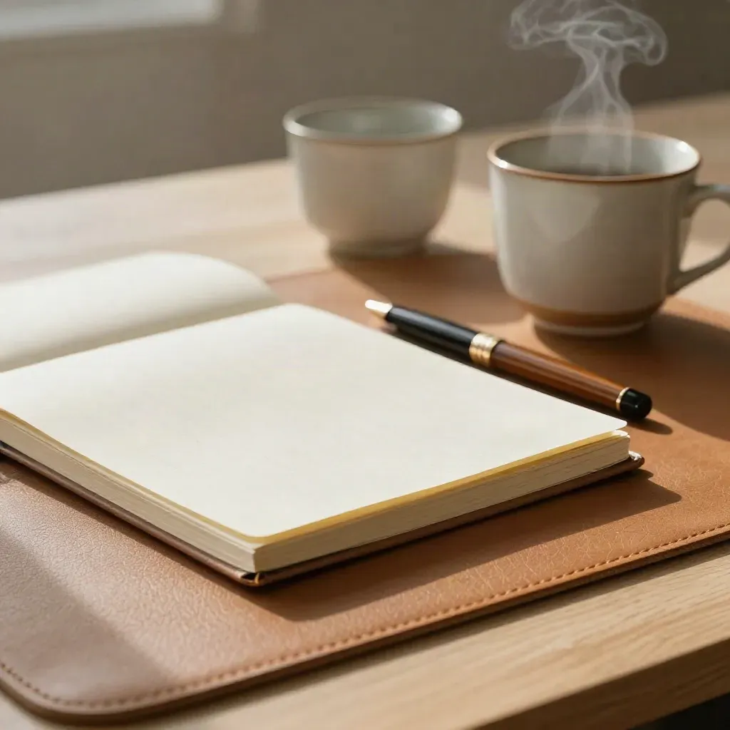 Carnet fermé, stylo laqué et deux tasses mates sur sous-main en cuir, lumière douce du matin.