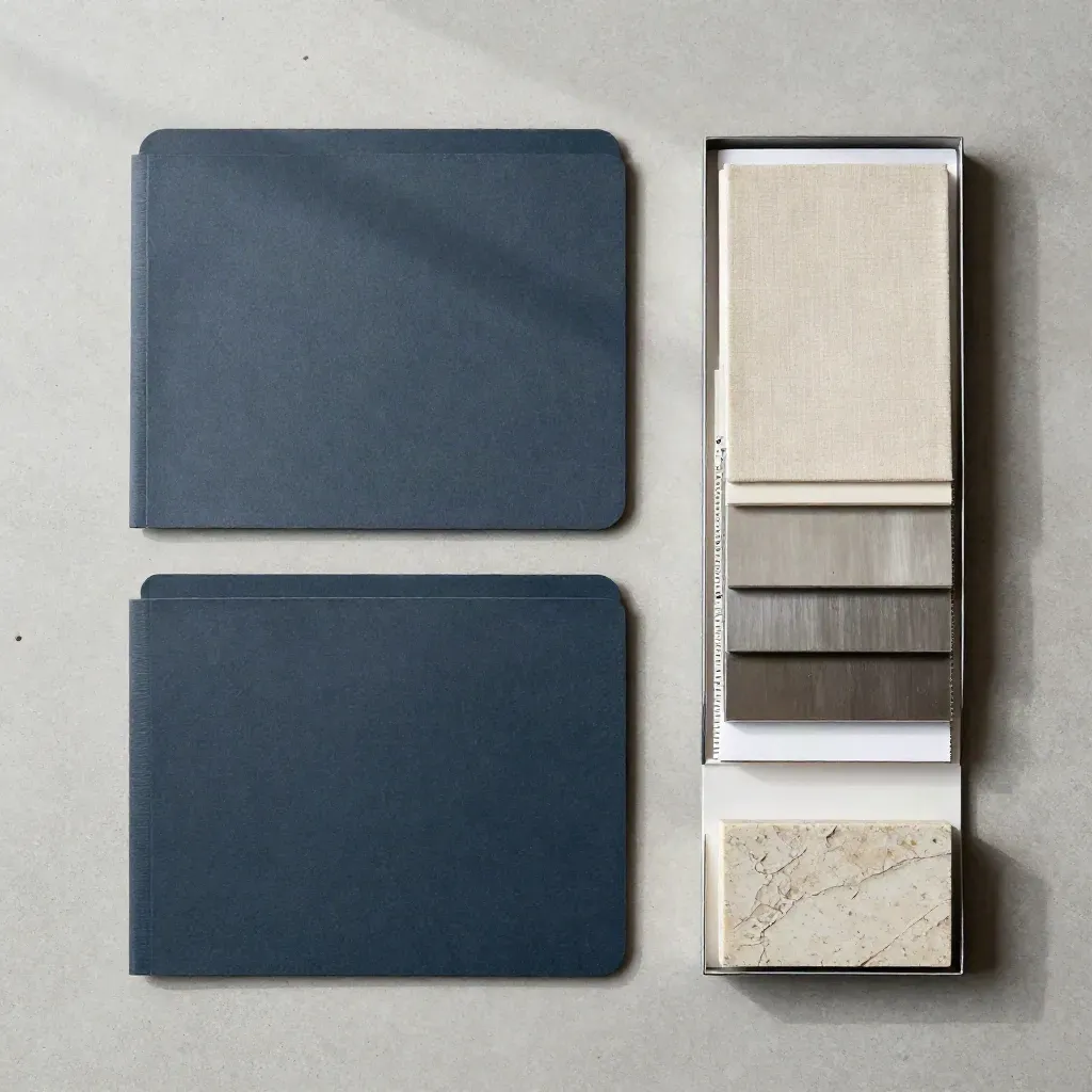 Vue zénithale d’un flatlay de dossiers, échantillons et pierre striée sur béton clair.