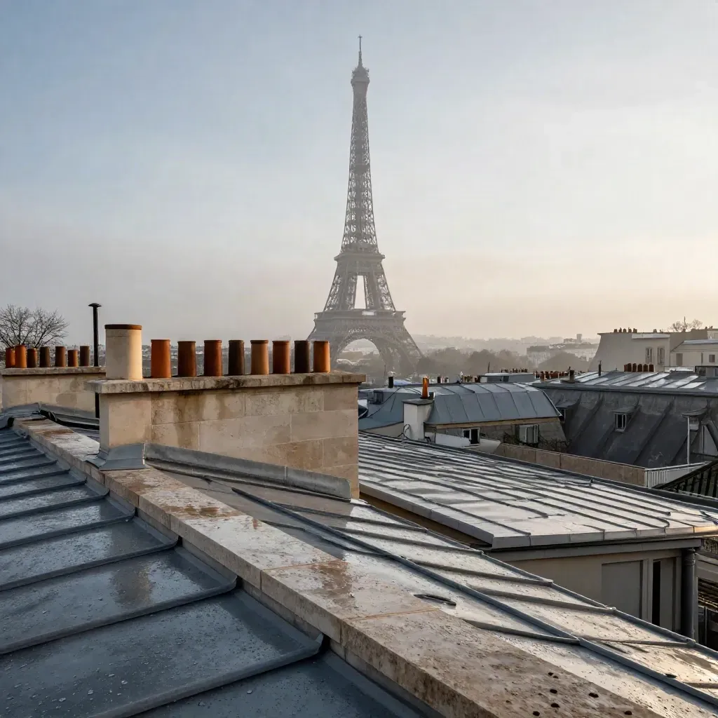 Paris au lever du jour, toits de zinc et tour Eiffel dans la brume depuis un rooftop.
