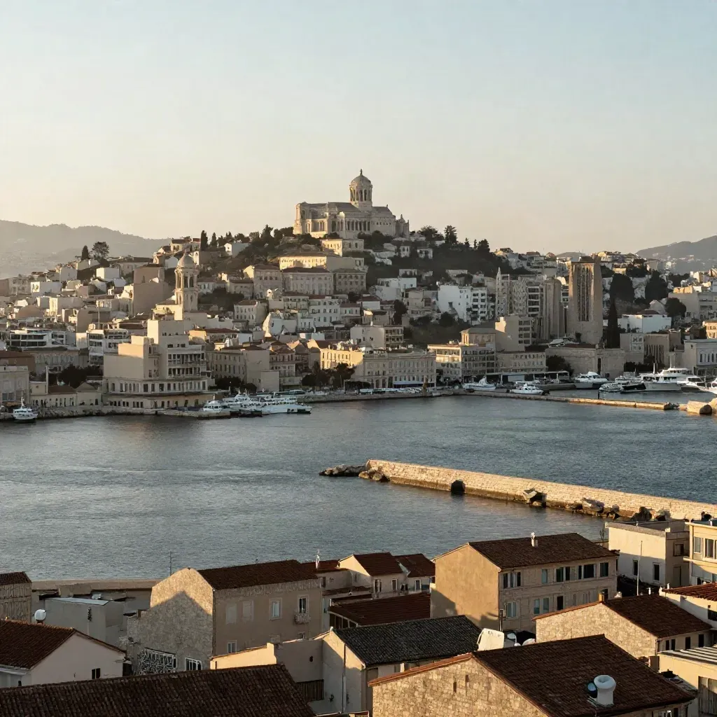 Notre-Dame de la Garde sur Marseille au soleil couchant, port et mer dans la brume dorée.