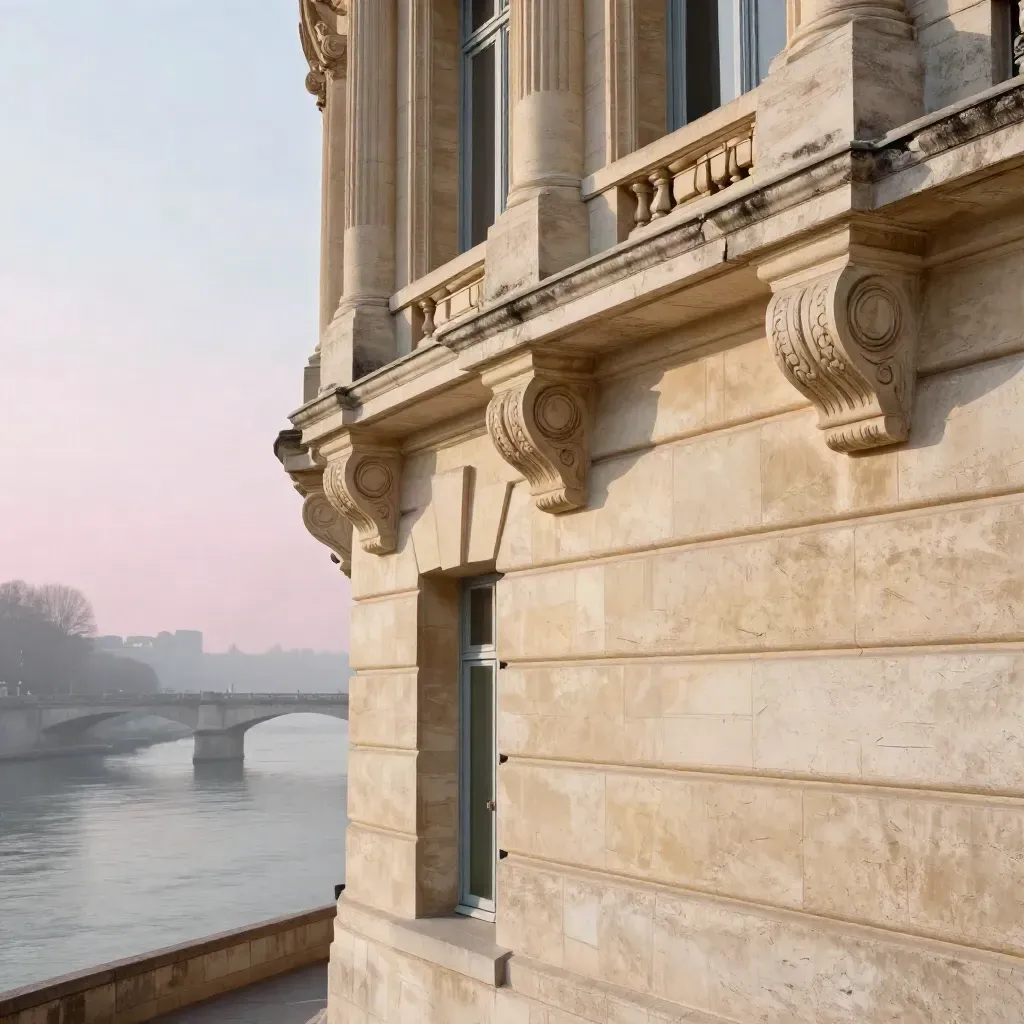 Façades blondes de Bordeaux dans la brume rose au-dessus de la Garonne