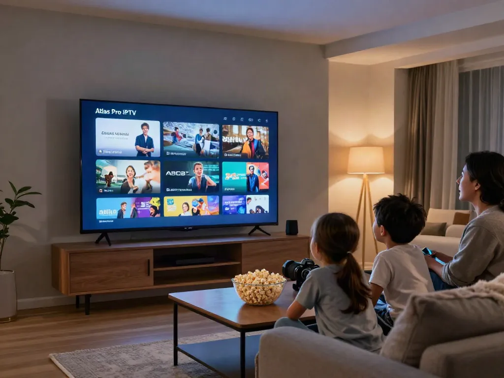Profitez de l’application atlas pro iptv avec votre famille dans un salon moderne, ambiance chaleureuse.